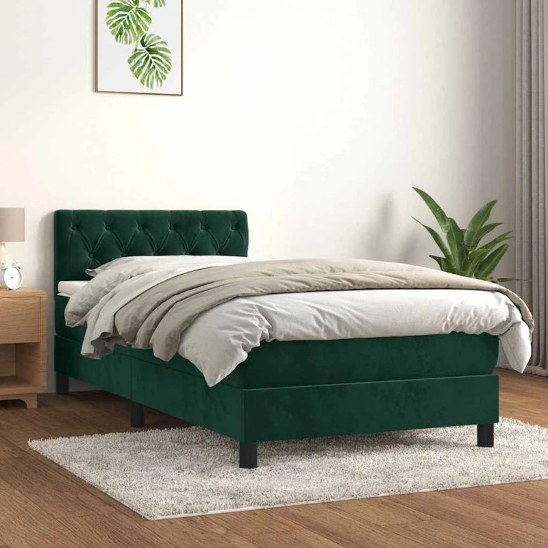 Kontinentalseng 90x190 cm mørkegrøn fløjl med pocketmadras
