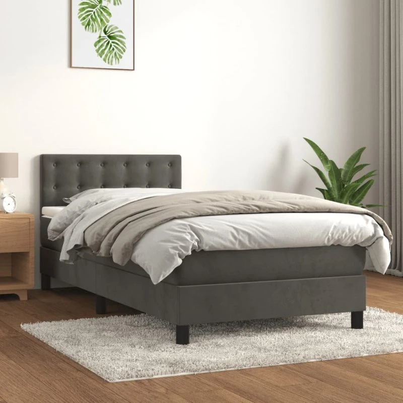 Kontinentalseng 90x200 cm i mørkegrå fløjl med pocketmadras
