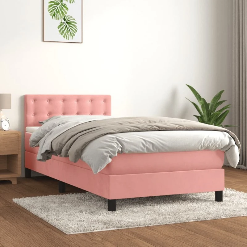 Kontinentalseng 100x200 cm i lyserød fløjl med madras
