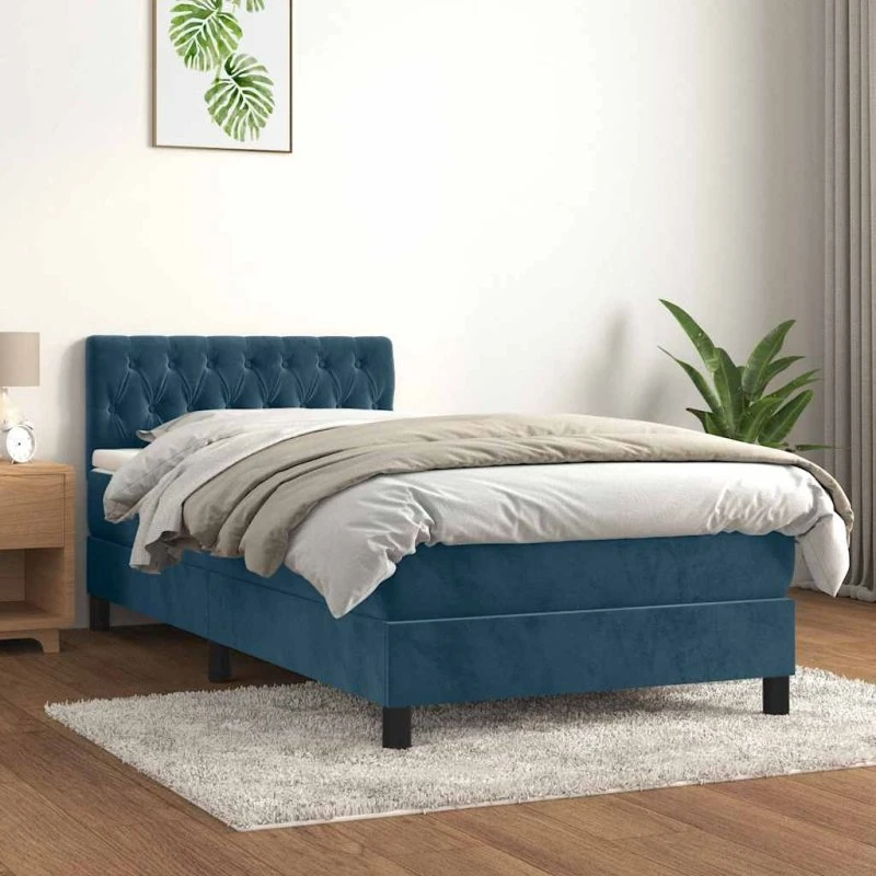 Kontinentalseng 100x200 cm i mørkeblå fløjl med pocketmadras