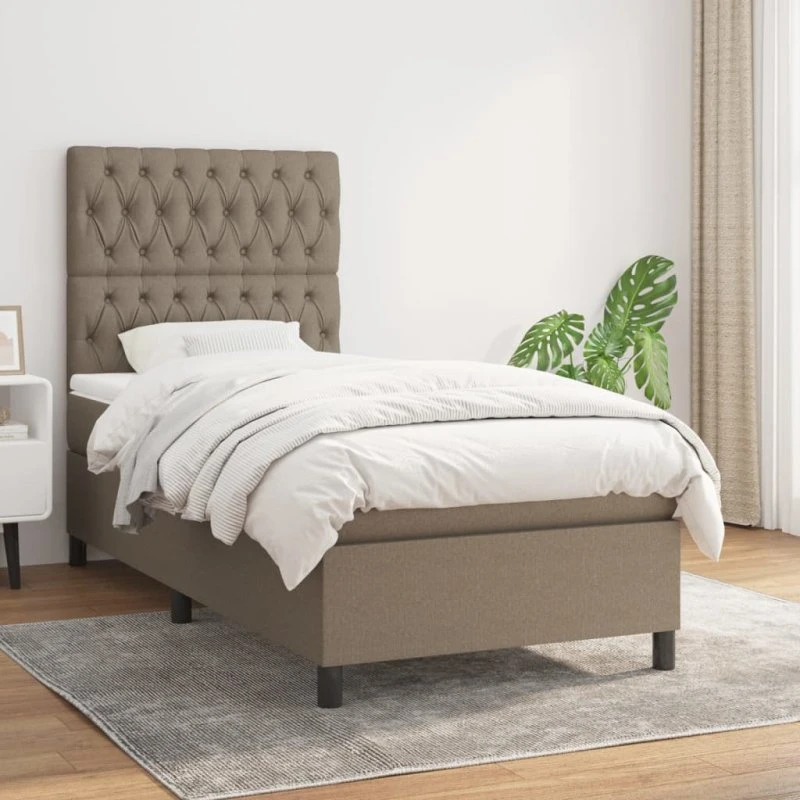 Kontinentalseng 90x190 cm i gråbrun stof med pocketmadras