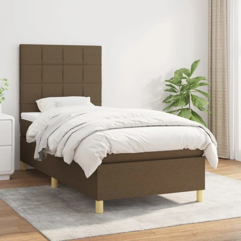 Kontinentalseng 100x200 cm i mørkebrunt stof med pocketmadras