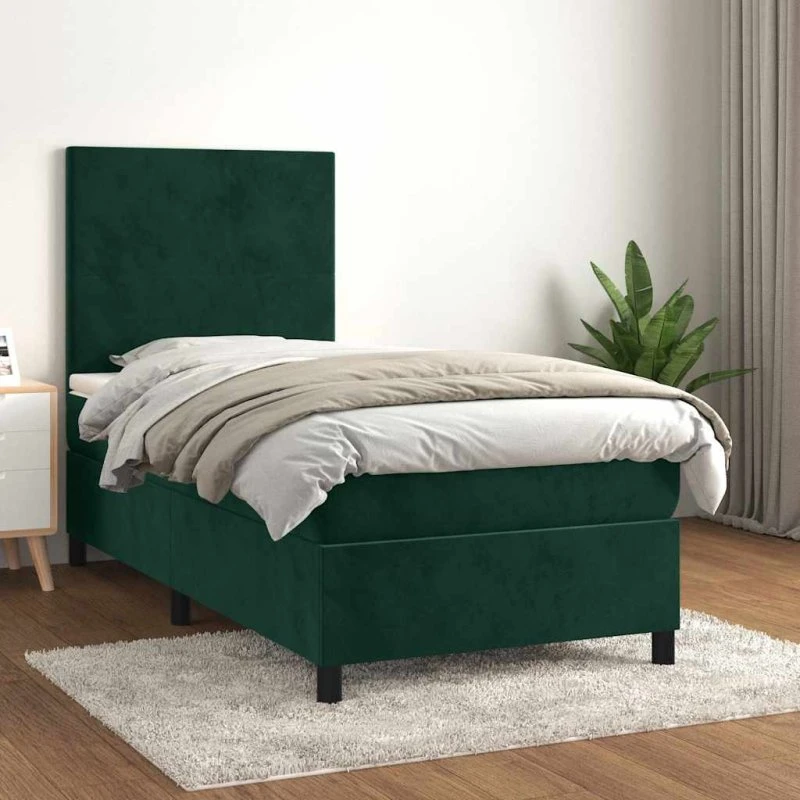 Kontinentalseng 90x190 cm i mørkegrøn fløjl med pocketmadras