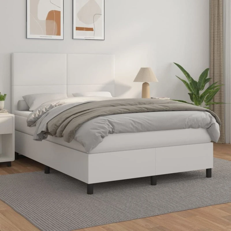 Kontinentalseng 140x190 cm med madras - hvid kunstlæder