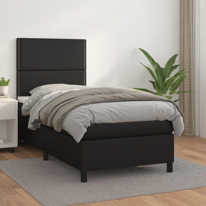Kontinentalseng 90x200 cm i sort kunstlæder med madras