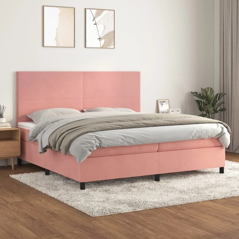 Kontinentalseng 200x200 cm i lyserød fløjl med pocketmadras