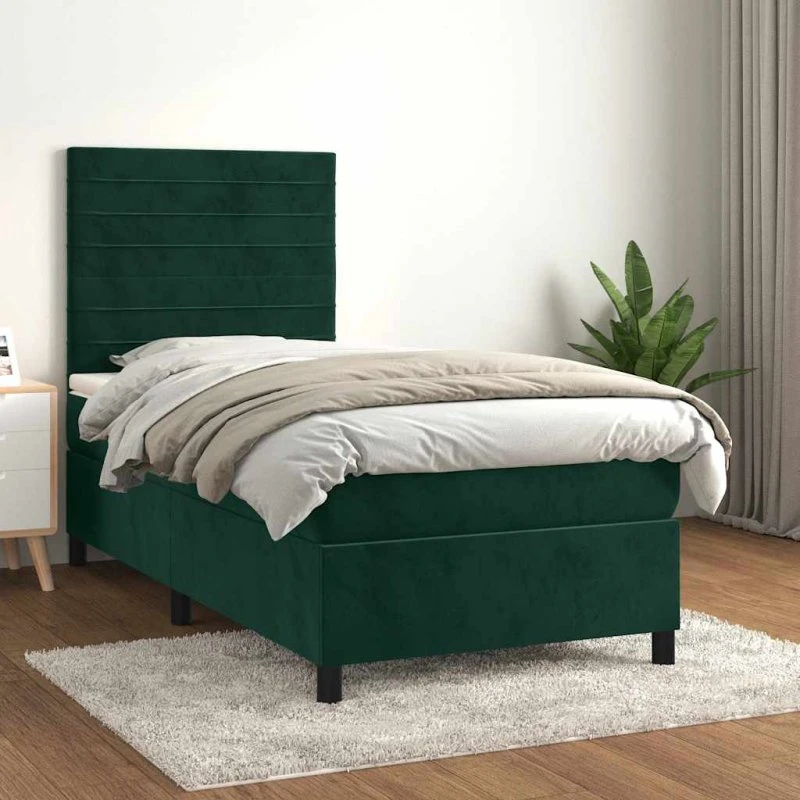 Kontinentalseng 100x200 cm med madras - fløjl mørkegrøn
