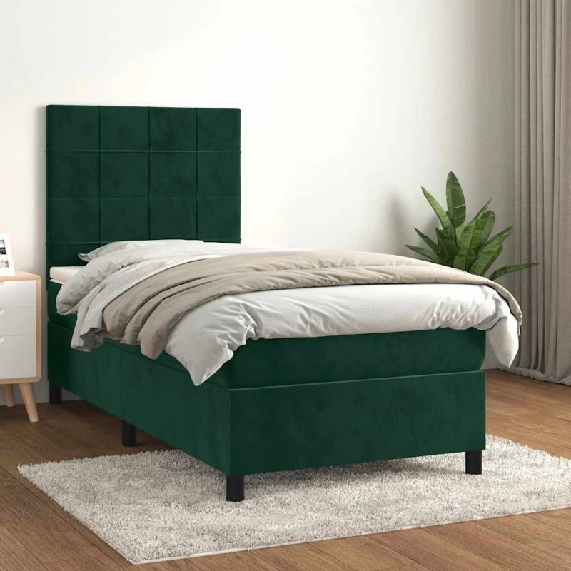 Kontinentalseng 90x200 cm i mørkegrønt fløjl med pocketmadras