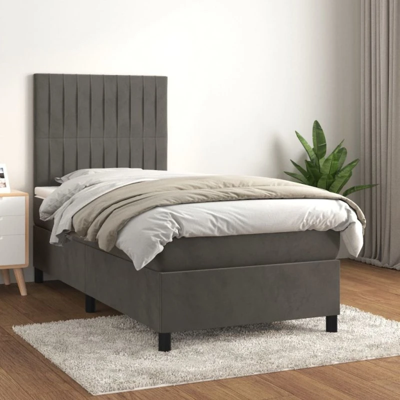 Kontinentalseng 100x200 cm mørkegrå fløjl med pocketmadras