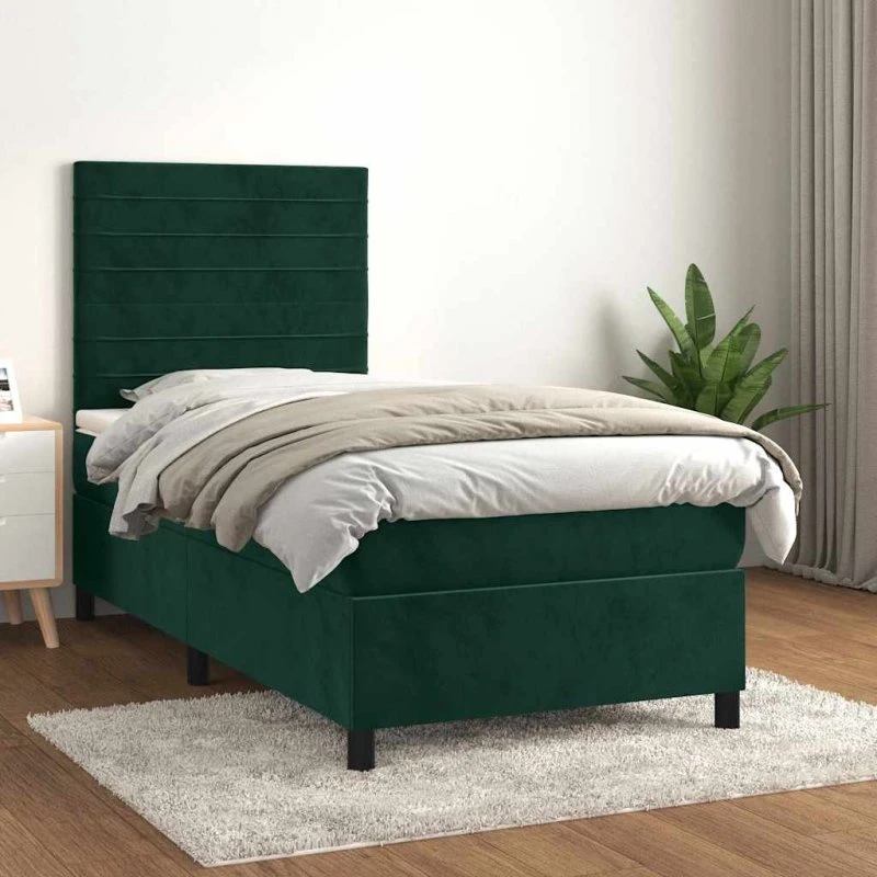 Kontinentalseng 90x190 cm i mørkegrøn fløjl med pocketmadras