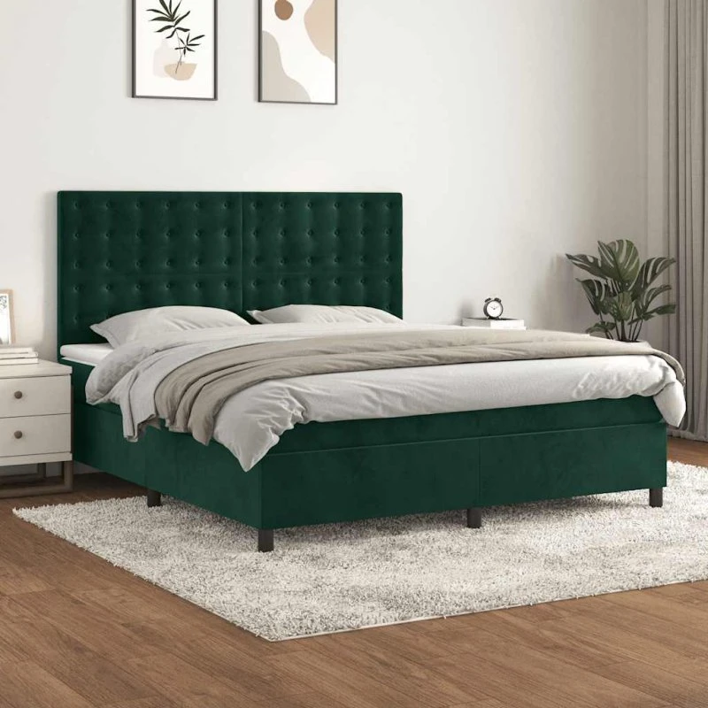 Kontinentalseng 160x200 cm med pocketmadras - fløjl mørkegrøn