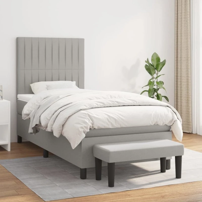 Kontinentalseng 90x200 med pocketmadras – lysegrå stof
