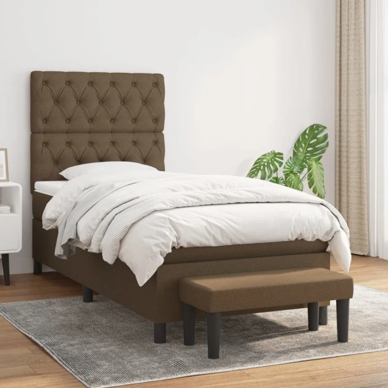Kontinentalseng 80x200 cm i mørkebrun stof med madras