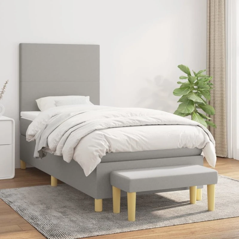 Kontinentalseng 90x200 med pocketmadras - lysegrå stof