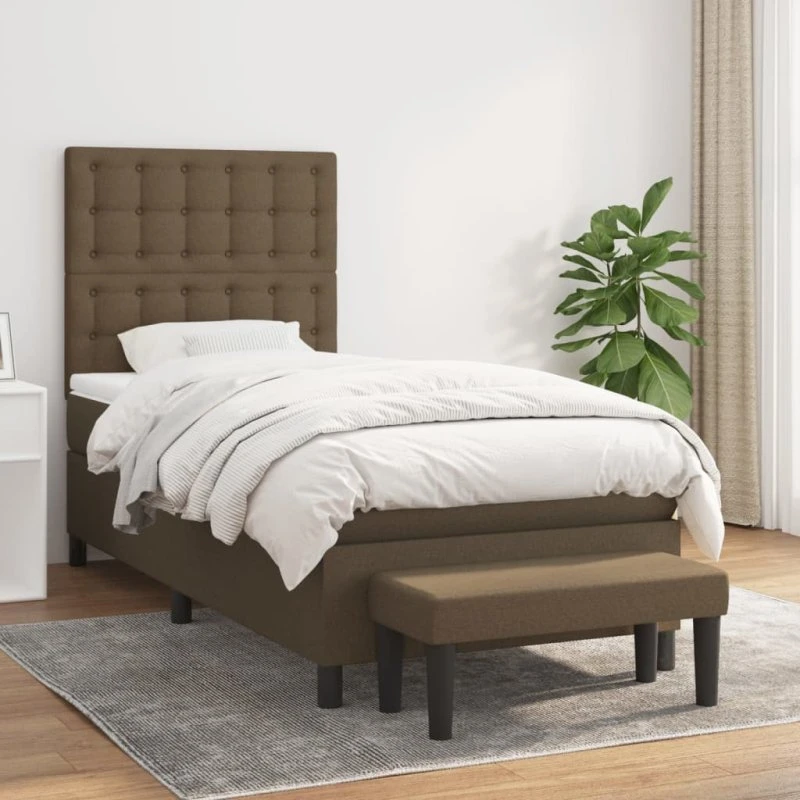 Kontinentalseng 90x200 cm i mørkebrun stof med pocketfjedre
