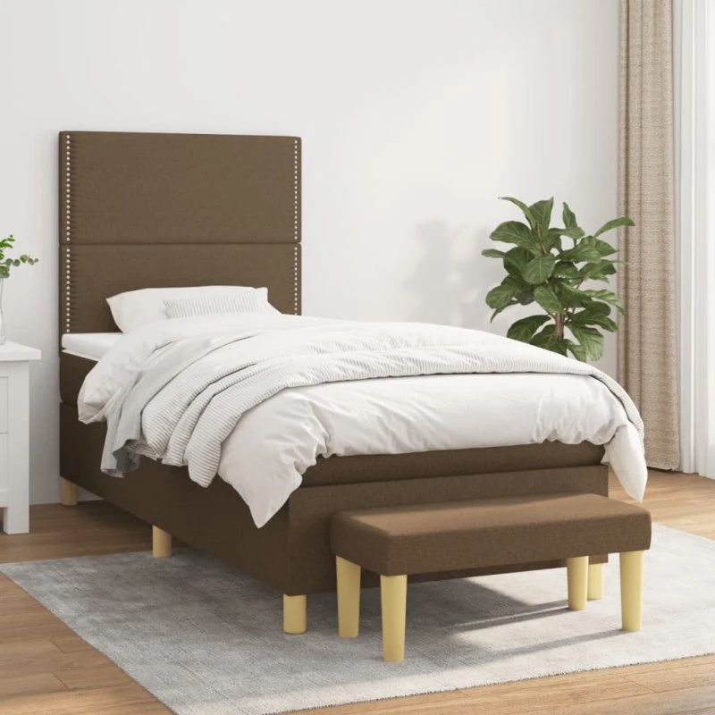 Kontinentalseng 90x200 cm i mørkebrun stof med pocketmadras