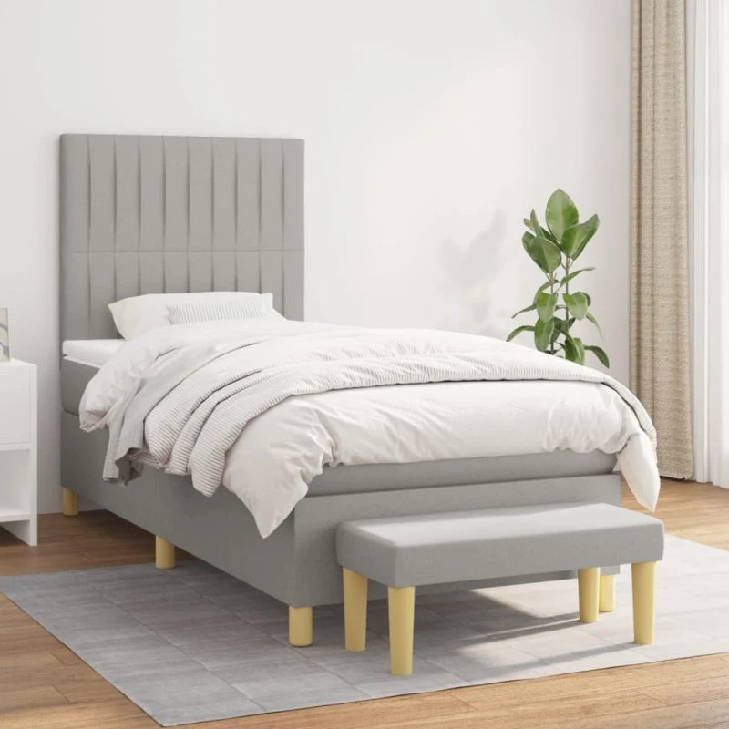 Kontinentalseng 90x200 cm i lysegråt stof med pocketmadras