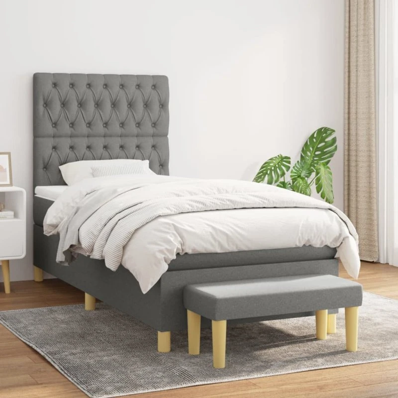 Kontinentalseng 90x200 cm i mørkegråt stof med madras