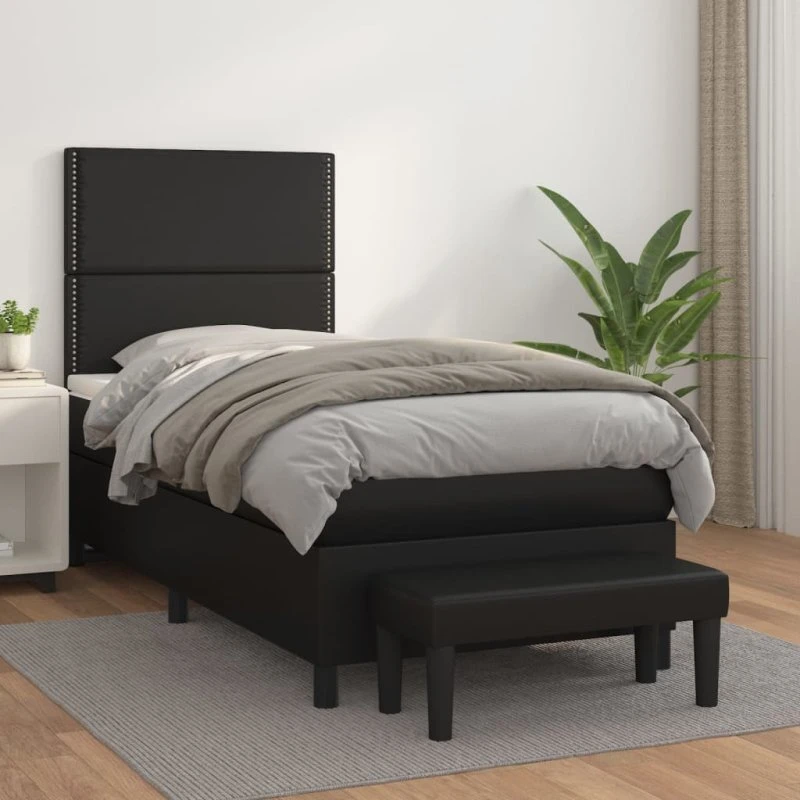 Kontinentalseng 90x190 cm i sort kunstlæder med madras