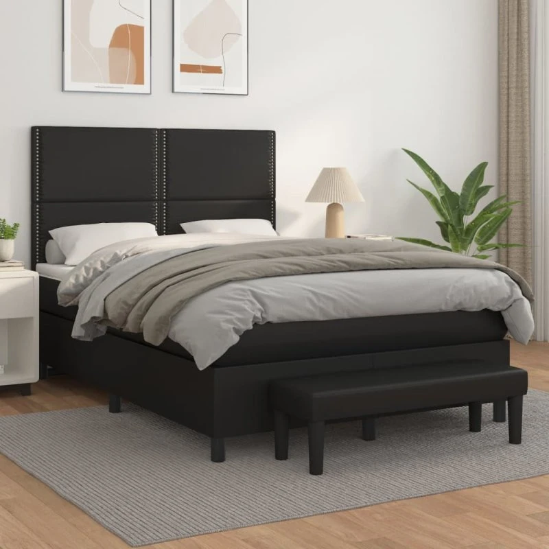 Kontinentalseng 140x190 cm i sort kunstlæder – med madras