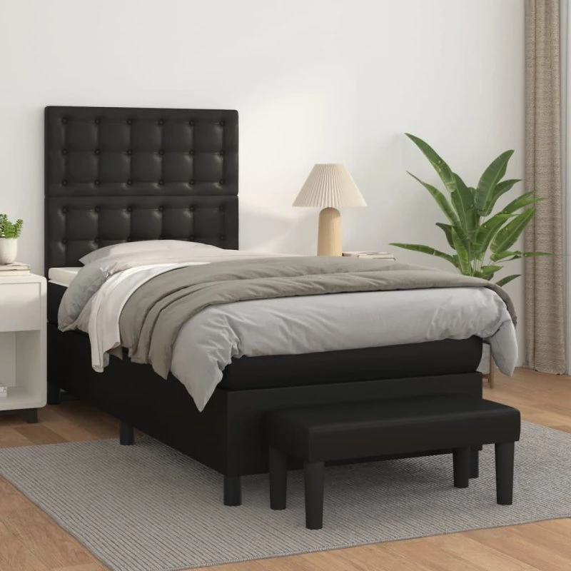 Kontinentalseng 90x200 cm i sort kunstlæder (med madras)