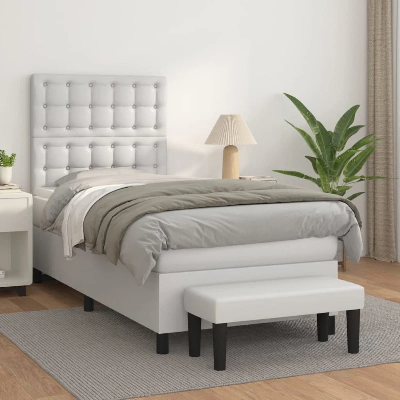 Kontinentalseng 100x200 cm med madras - Hvid kunstlæder
