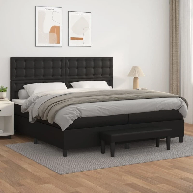 Kontinentalseng 200x200 cm i sort kunstlæder med madras