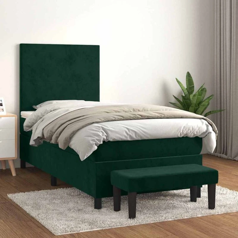 Kontinentalseng 90x200 cm i mørkegrøn fløjl med madras