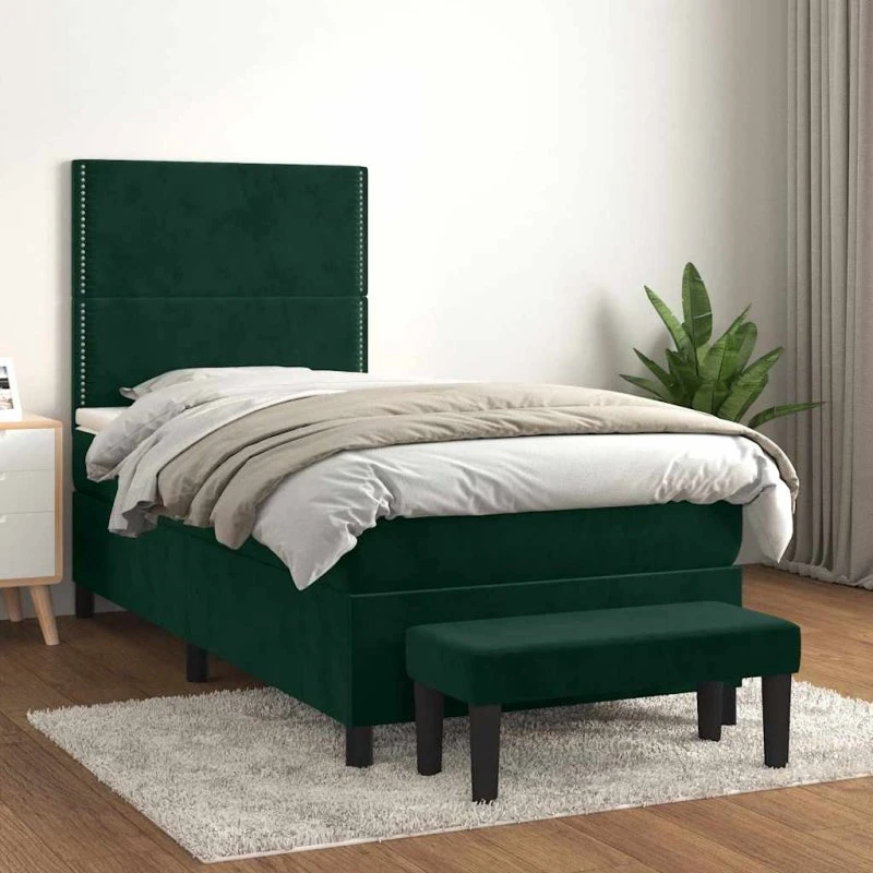 Kontinentalseng 90x190 cm i mørkegrøn fløjl med pocketmadras