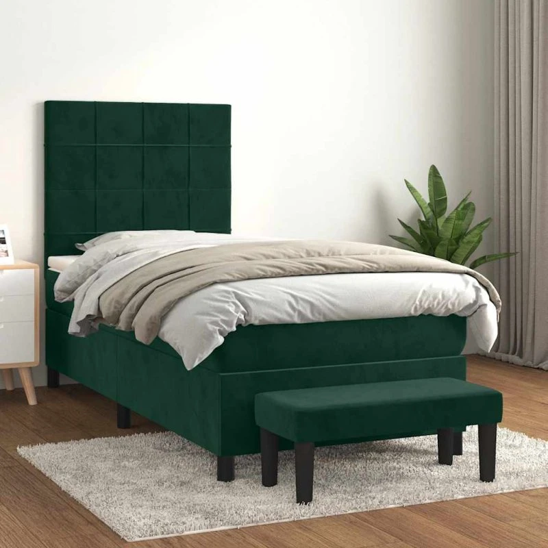 Kontinentalseng 90x190 cm mørkegrøn fløjl med pocketmadras