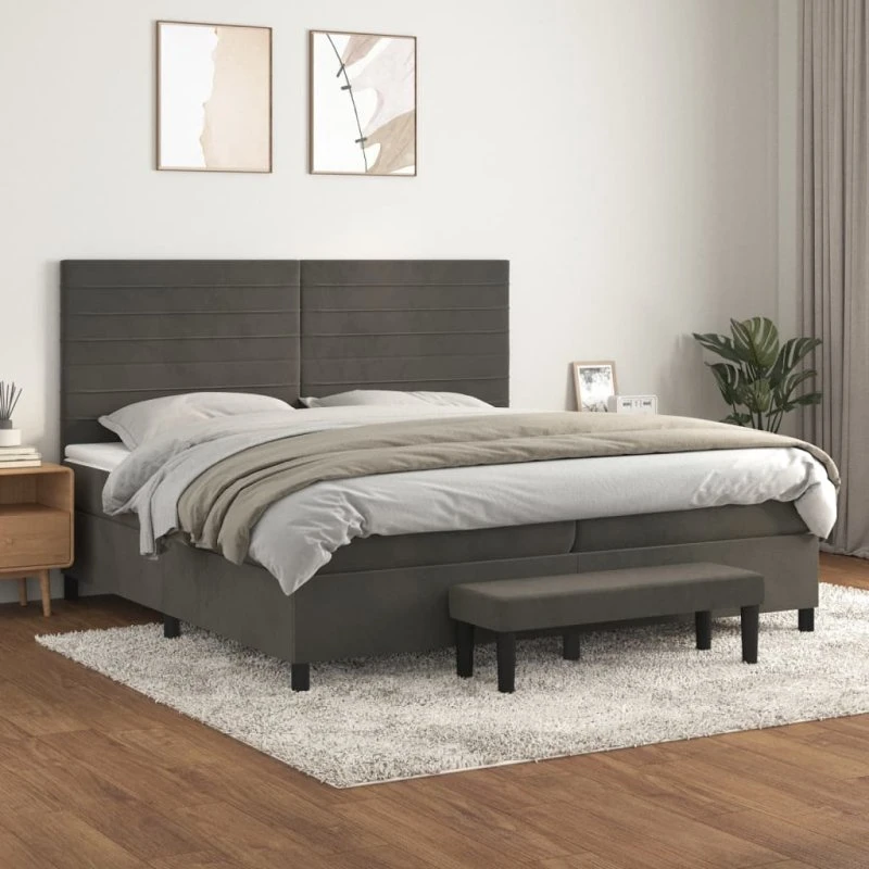 Kontinentalseng 200x200 cm i mørkegrå fløjl med pocketmadras