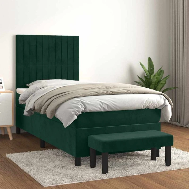 Kontinentalseng 80x200 cm i mørkegrøn fløjl med madras