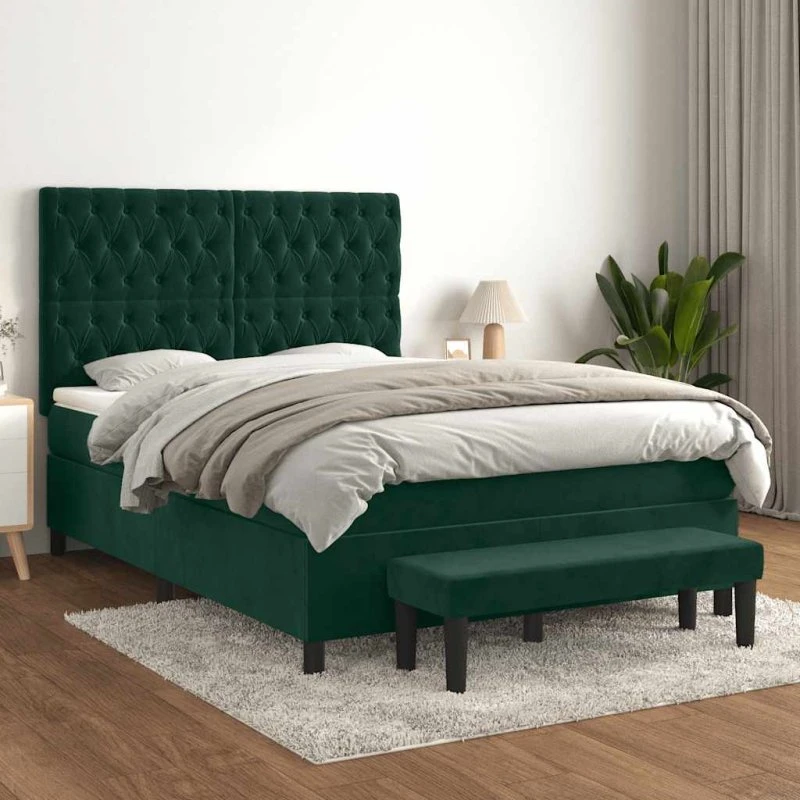 Kontinentalseng 140x190 cm mørkegrøn fløjl med pocketmadras