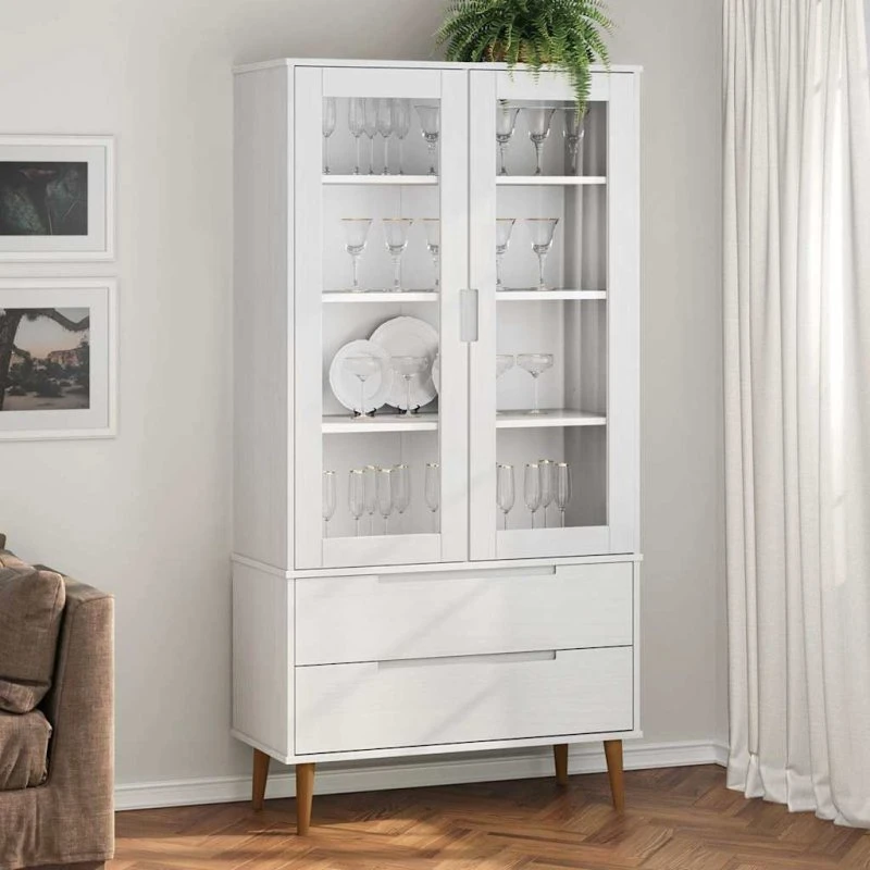 Vitrineskab MOLDE 90x35x175 cm i massivt fyrretræ, hvid