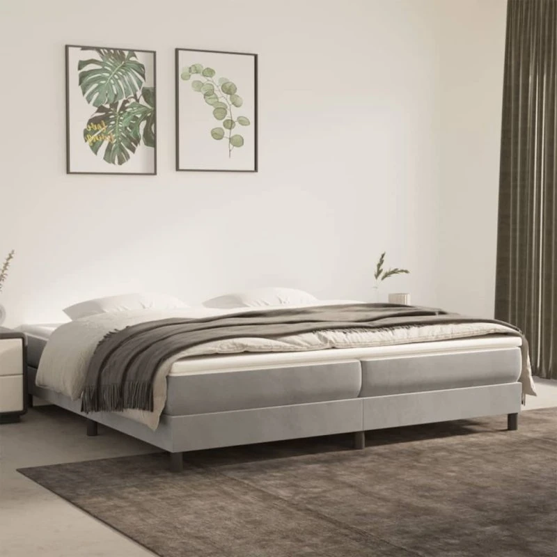 Kontinentalseng 200x200 cm i lysegrå fløjl med pocketmadras