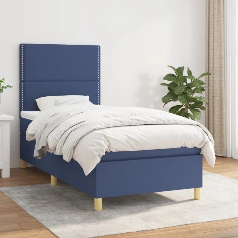 Kontinentalseng 90x200 cm i blåt stof med madras