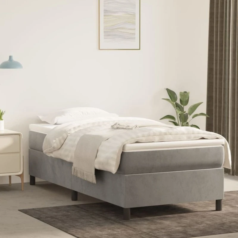Kontinentalseng 90x200 cm i lysegrå fløjl med pocketmadras