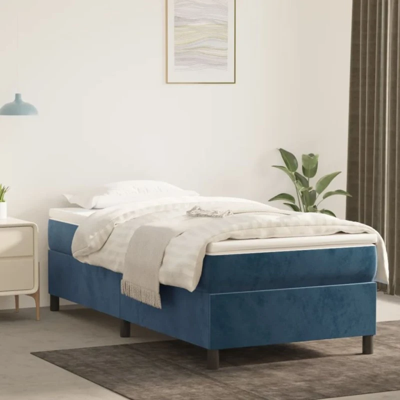 Kontinentalseng 90x200 cm i mørkeblå fløjl med pocketmadras