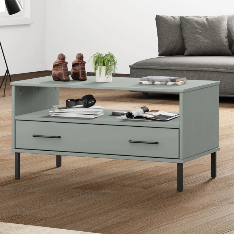 OSLO sofabord 85x50x45 cm – massivt fyrretræ, grå metalben
