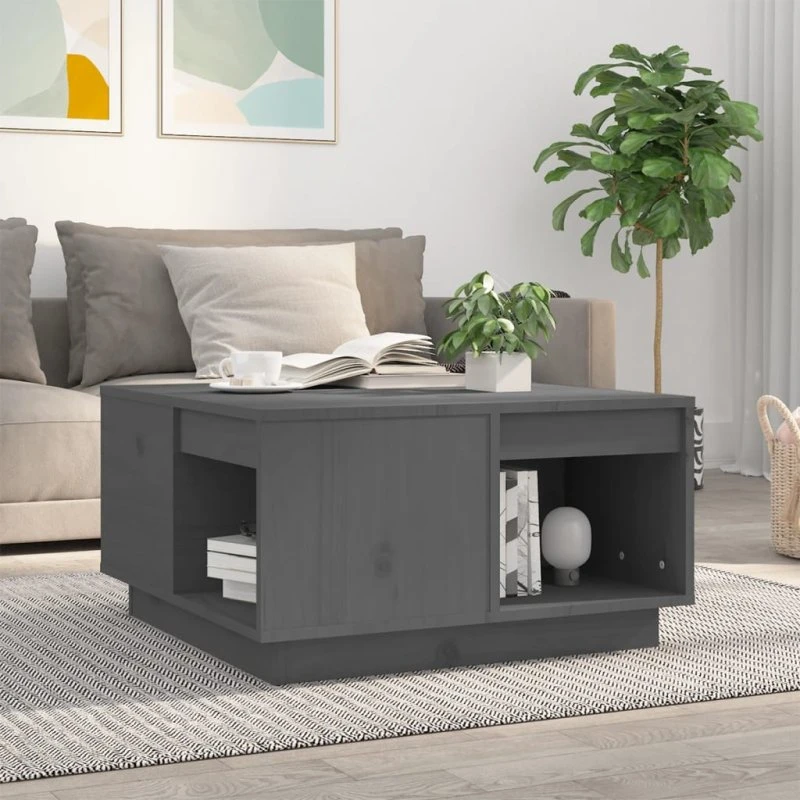 Sofabord i massivt fyrretræ 60×61×32,5 cm – Grå