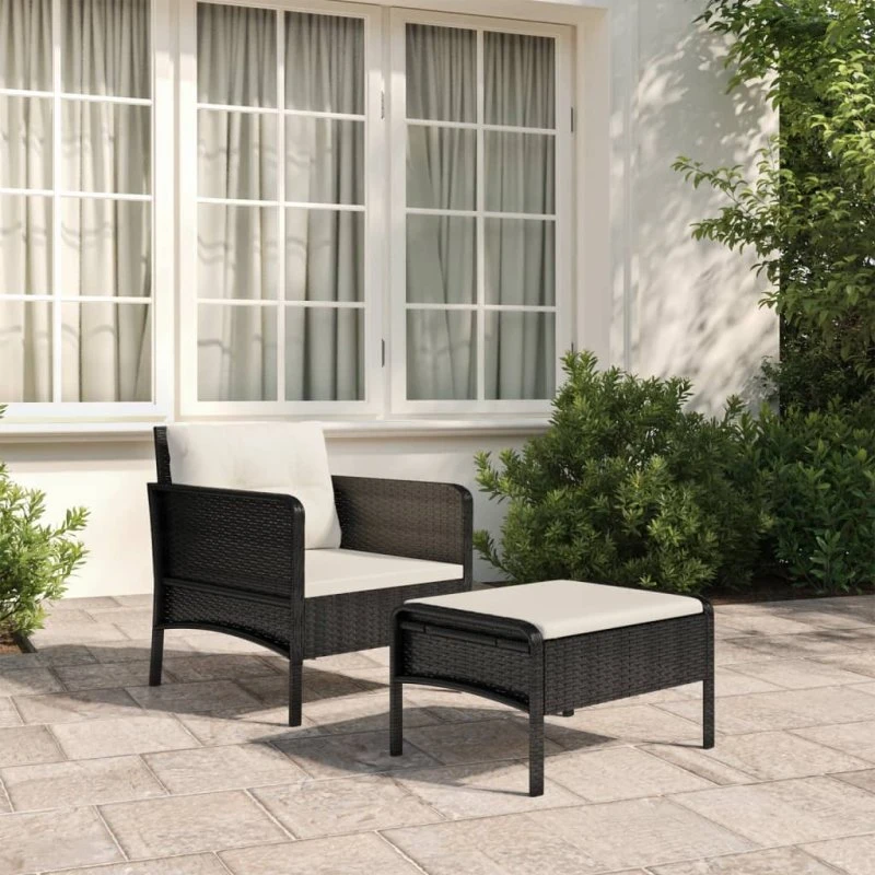 Udendørs loungesæt 2 dele i sort polyrattan med hynder