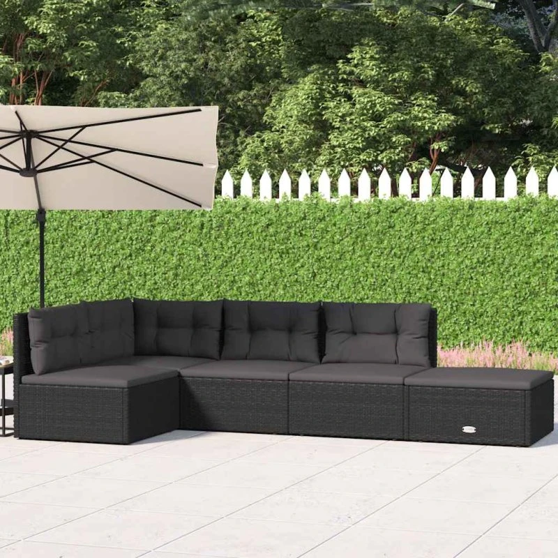 Loungesæt til haven 5 dele i sort polyrattan med hynder