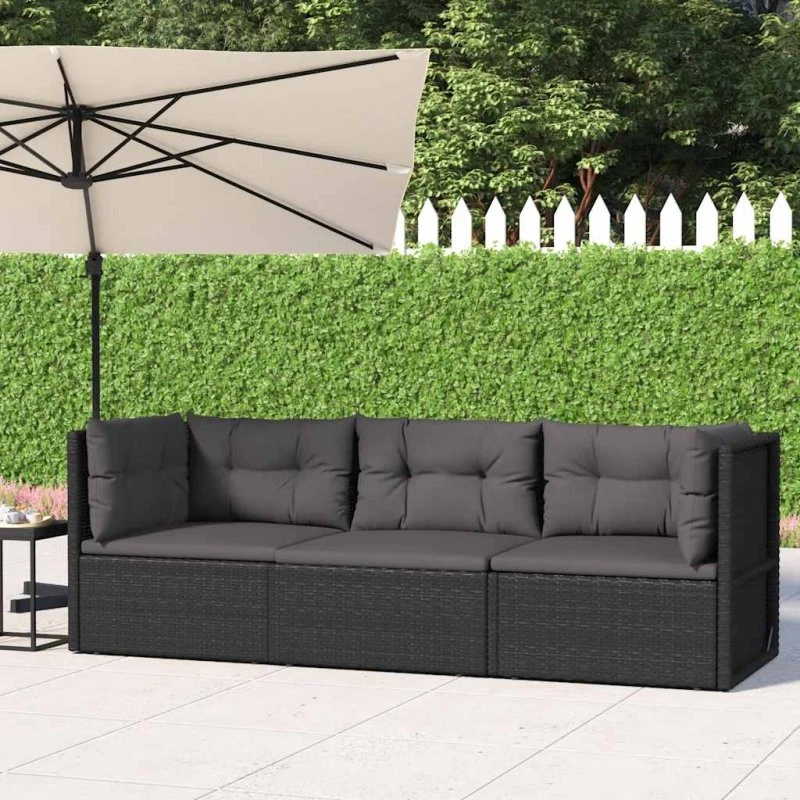 Loungesæt i sort polyrattan 3 dele med hynder