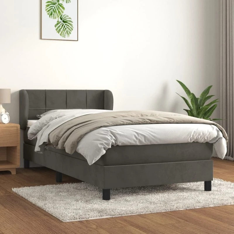 Kontinentalseng 80x200 cm i mørkegrå fløjl med pocketmadras