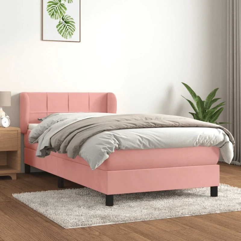 Kontinentalseng 100x200 cm i lyserød fløjl med madras