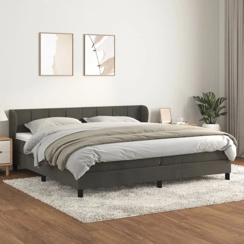 Kontinentalseng 200x200 cm i mørkegrå fløjl med madras
