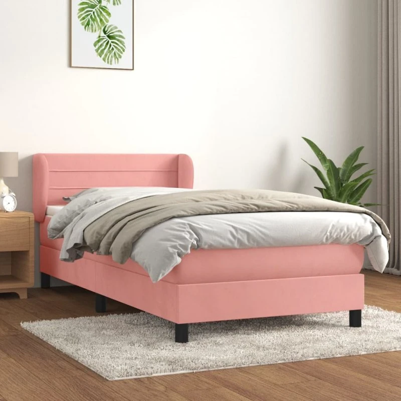 Kontinentalseng 90x200 cm i lyserød fløjl med pocketmadras