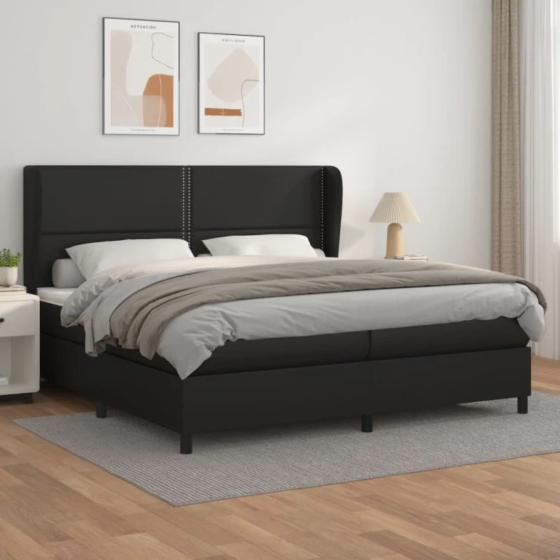 Kontinentalseng 200x200 cm i sort kunstlæder med madras