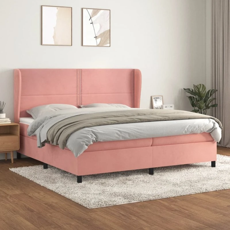 Kontinentalseng 200x200 cm i lyserød fløjl med pocketmadras