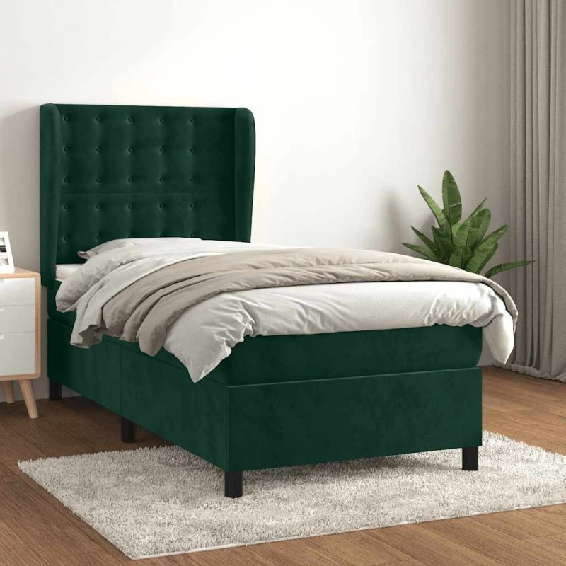 Kontinentalseng 100x200 cm i mørkegrøn fløjl med madras